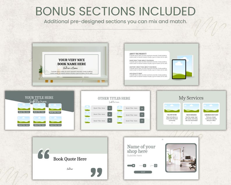 Peut inclure: Un mod&egrave;le de pr&eacute;sentation num&eacute;rique avec des sections pr&eacute;-con&ccedil;ues. Il comprend des zones pour les titres de livres, les citations et les informations sur la boutique. Le mod&egrave;le pr&eacute;sente un design &eacute;pur&eacute; et moderne avec une palette de couleurs neutres et le texte "BONUS SECTIONS INCLUDED".