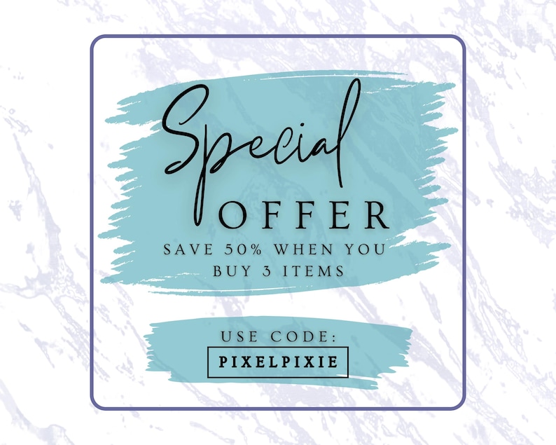 Peut inclure: Graphique carr&eacute; avec un fond bleu clair de style aquarelle et les mots "Special OFFER" en &eacute;criture &eacute;l&eacute;gante. En dessous, il est &eacute;crit "SAVE 50% WHEN YOU BUY 3 ITEMS." Le texte "USE CODE: PIXELPIXIE" est &eacute;galement inclus.