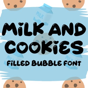May include: A blue and white watercolor background with the text "Milk and Cookies" in a black bubble font. The text is surrounded by brown cookies with chocolate chips.