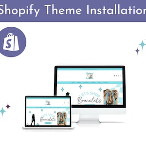 May include: A screenshot of a website for a shop selling bracelets. The website is displayed on a laptop and a desktop computer. The website has a blue and white color scheme and features a graphic of a woman wearing a cowboy hat and a pair of turquoise bracelets. The text on the website reads "Let's Shop Bracelets".