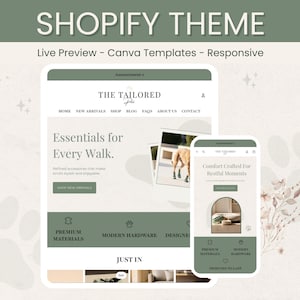 May include: An advertisement for a Shopify theme, showcasing a website design on a tablet and a smartphone. The design uses a green and white colour scheme, with the text "THE TAILORED" and "Essentials for Every Walk."