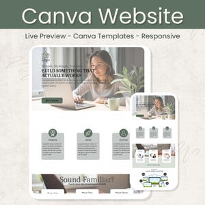 Peut inclure: Graphique de marketing num&eacute;rique avec le texte "Canva Website" et "Live Preview - Canva Templates - Responsive". L'image pr&eacute;sente une femme utilisant un ordinateur portable, avec une conception de site Web affich&eacute;e. Des &eacute;l&eacute;ments de conception suppl&eacute;mentaires incluent des ic&ocirc;nes et des zones de texte.