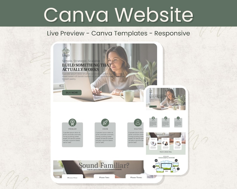 Peut inclure: Graphique de marketing num&eacute;rique avec le texte "Canva Website" et "Live Preview - Canva Templates - Responsive". L'image pr&eacute;sente une femme utilisant un ordinateur portable, avec une conception de site Web affich&eacute;e. Des &eacute;l&eacute;ments de conception suppl&eacute;mentaires incluent des ic&ocirc;nes et des zones de texte.