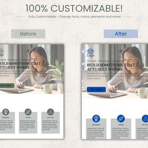 Peut inclure: Graphique de marketing num&eacute;rique pr&eacute;sentant une conception de site web avant et apr&egrave;s la personnalisation. L'image comprend le texte "100% PERSONNALISABLE !" et "CONSTRUISEZ QUELQUE CHOSE QUI FONCTIONNE VRAIMENT." Une femme est montr&eacute;e en train d'utiliser un ordinateur portable.