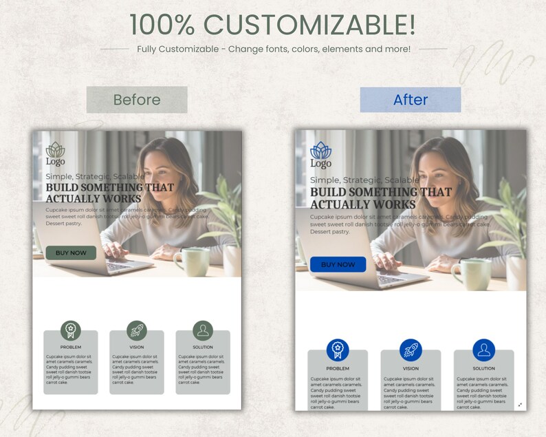 Peut inclure: Graphique de marketing num&eacute;rique pr&eacute;sentant une conception de site web avant et apr&egrave;s la personnalisation. L'image comprend le texte "100% PERSONNALISABLE !" et "CONSTRUISEZ QUELQUE CHOSE QUI FONCTIONNE VRAIMENT." Une femme est montr&eacute;e en train d'utiliser un ordinateur portable.
