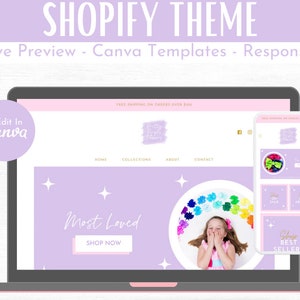 May include: A laptop and smartphone display a Shopify theme with a light purple and pink color scheme. The theme includes the text "Most Loved" and "Shop Now". The image also includes the text "Live Preview - Canva Templates - Responsive".