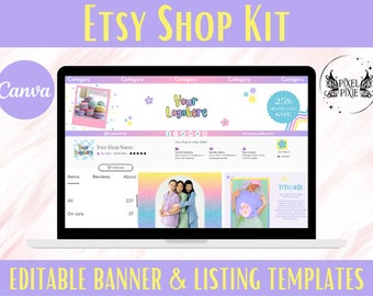 May include: A laptop screen displaying a mockup of an Etsy shop banner and listing templates. The banner features a rainbow gradient background with a pastel colour scheme and a text overlay that says "Your Logo Here". The listing templates feature a similar pastel colour scheme with a variety of images and text.