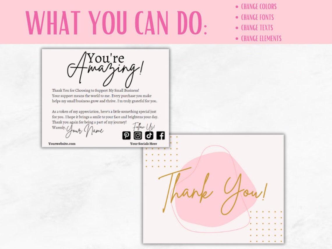 Editable Thank You Card Insert Template, Canva Customizable Small ...