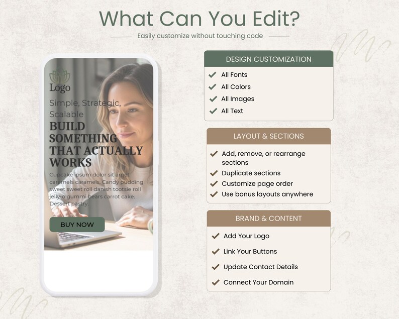 Peut inclure: Graphique de marketing num&eacute;rique avec le texte &laquo;&nbsp;Que pouvez-vous modifier&nbsp;?&nbsp;&raquo; et une femme utilisant un ordinateur portable. L'image met en &eacute;vidence la personnalisation de la conception, les options de mise en page et les fonctionnalit&eacute;s de contenu de la marque.
