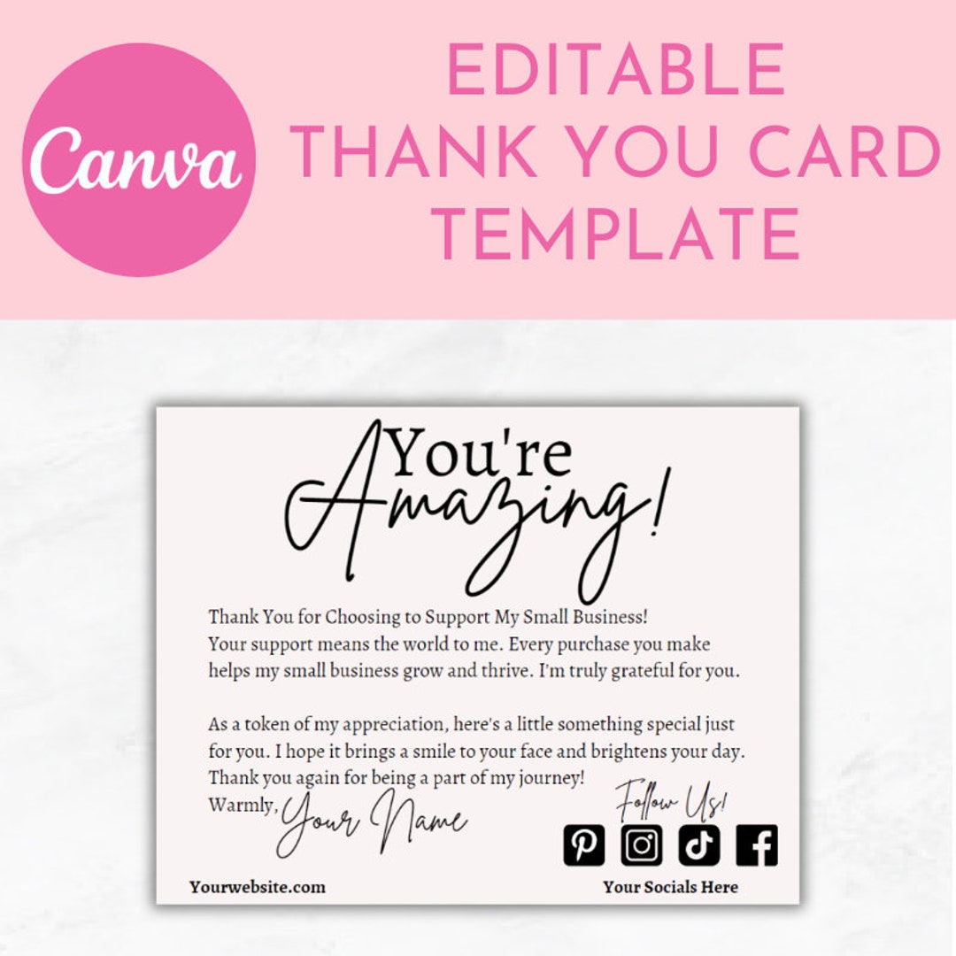 Editable Thank You Card Insert Template, Canva Customizable Small