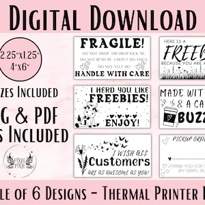 Printable Thermal Shipping Label Stickers – 6 Funny Cute Small Business Packaging Designs | 4x6 & 2.25x1.25&quot; | Digital Download