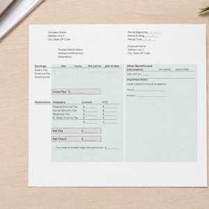 May include: A white paper document with a payroll form, featuring sections for earnings, deductions, and other benefits. The form includes fields for salary, taxes, and employee information. The document is on a light wooden surface.