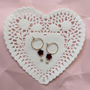 Mini Garnet Star Hoop Earrings | Dainty Gold Hoops, Antique Garnet & Pearl Earrings, Minimalist Vintage Jewelry