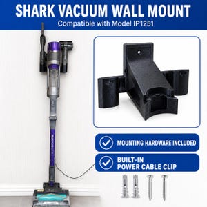 May include: A black plastic wall mount for a Shark vacuum, compatible with model IP1251. The mount features a central bracket and two side slots for accessories. Includes mounting hardware with two screws and two wall anchors for installation.