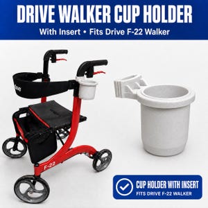 May include: A Drive walker cup holder with insert, designed for the Drive F-22 walker. The cup holder is light gray with a speckled texture. The image shows the cup holder attached to a red walker and also as a standalone accessory.