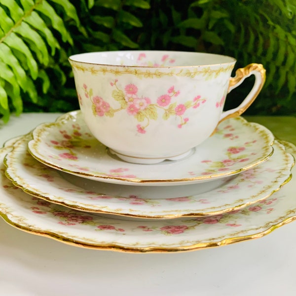 Vintage Limoges Elite Works pink floral teacup, scalloped saucer and plates set, 1920 to 1932