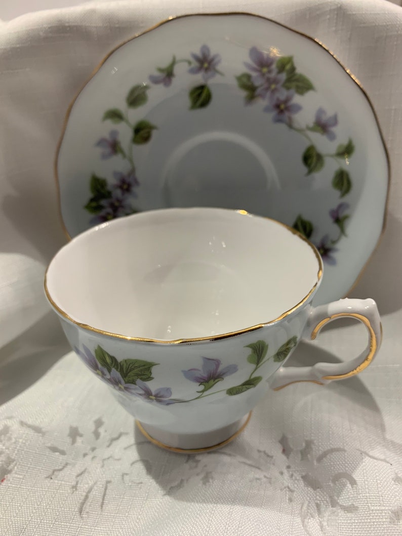 Vintage 1960\u2019s Colclough china pale eggshell blue and pastel violet teacup and saucer