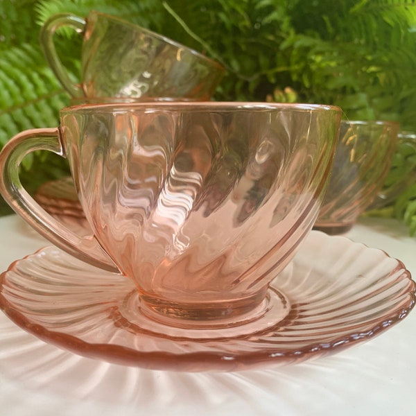 Vintage discontinued Arcopal France pink glass swirl pattern teacups and saucers