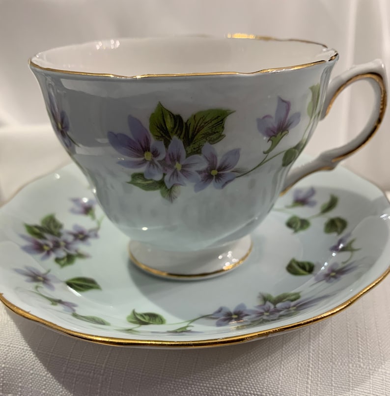 Vintage 1960\u2019s Colclough china pale eggshell blue and pastel violet teacup and saucer