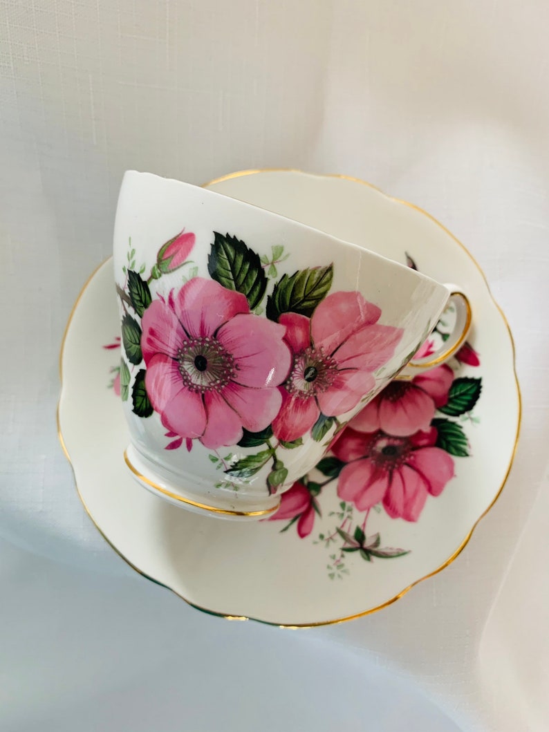Vintage Regency bone china pink floral teacup and saucer