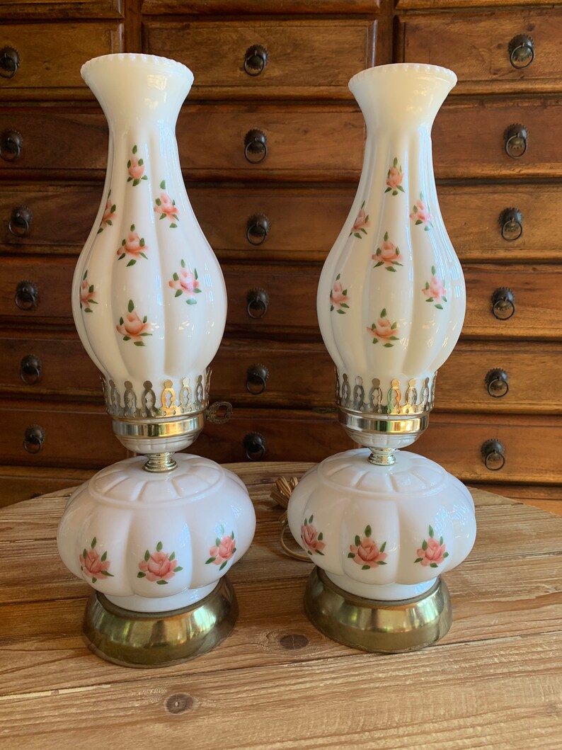 Vintage pair, milk glass hand-painted hurricane lamp, working electric