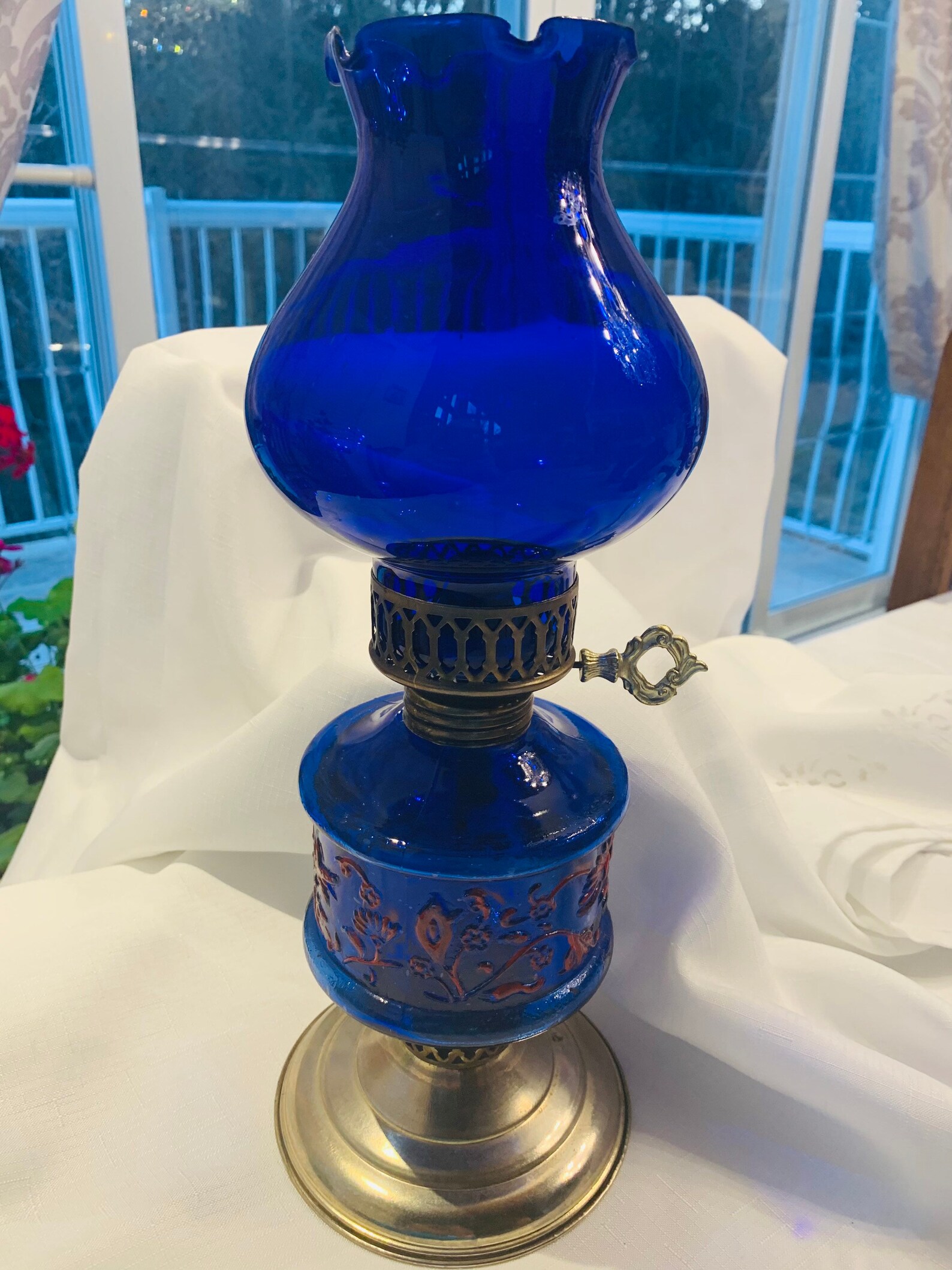 Vintage Cobalt Blue Glass Oil Lamp Hand Painted Hong Kong Etsy