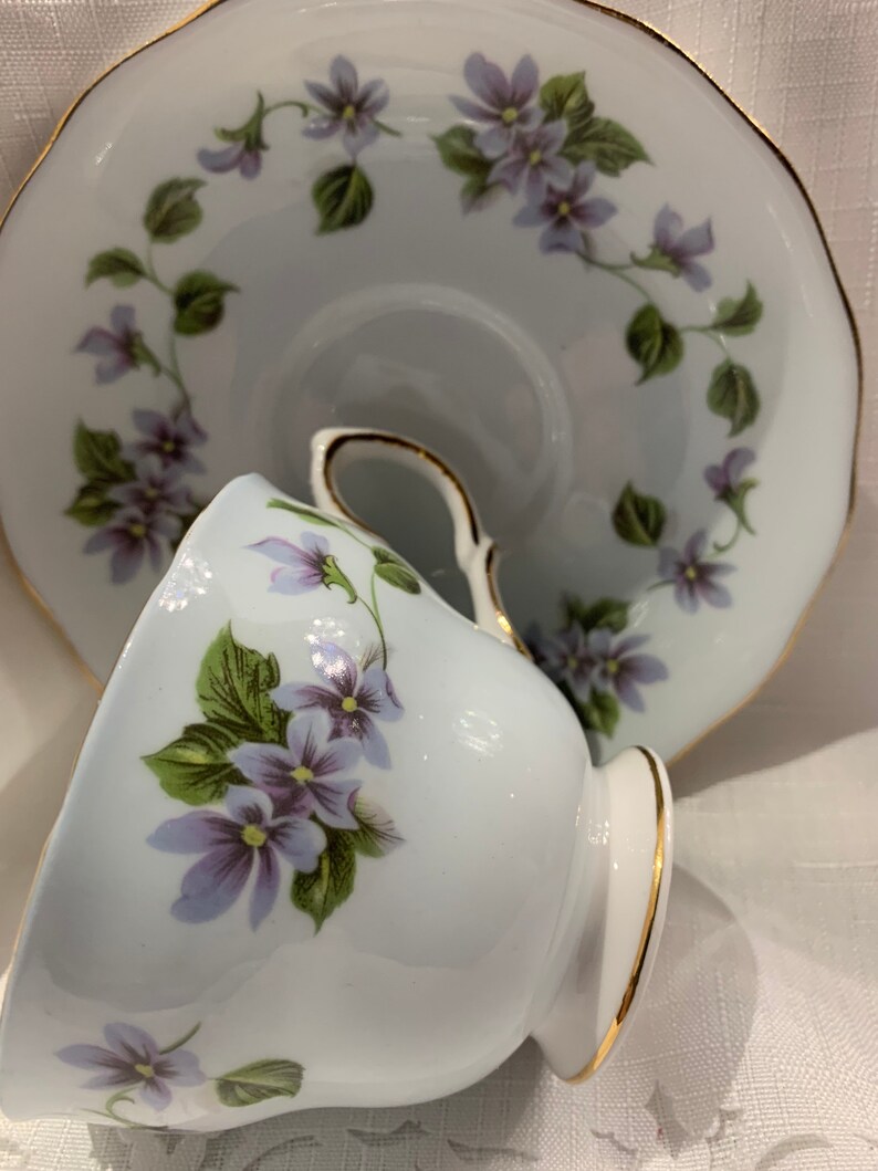 Vintage 1960\u2019s Colclough china pale eggshell blue and pastel violet teacup and saucer