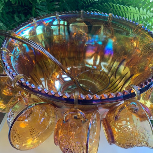 Vintage Milk Glass Punch Bowl Set Anchor Hocking Grape Vine Etsy