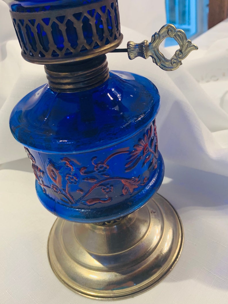 Vintage Cobalt Blue Glass Oil Lamp Hand Painted Hong Kong Etsy
