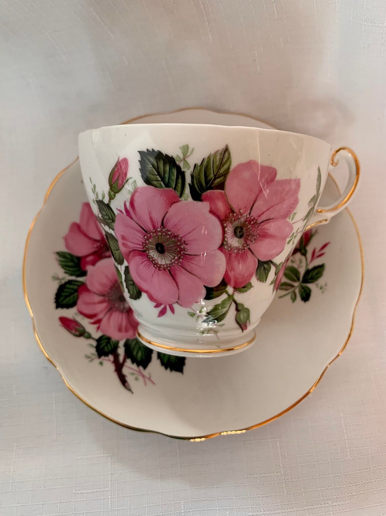 Vintage Regency bone china pink floral teacup and saucer