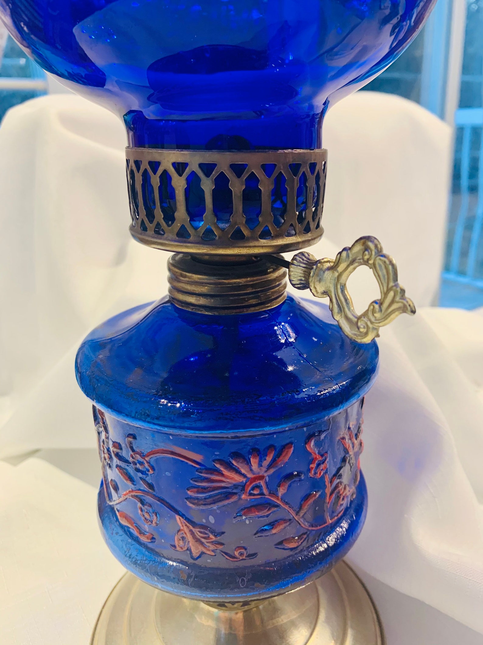 Vintage Cobalt Blue Glass Oil Lamp Hand Painted Hong Kong Etsy