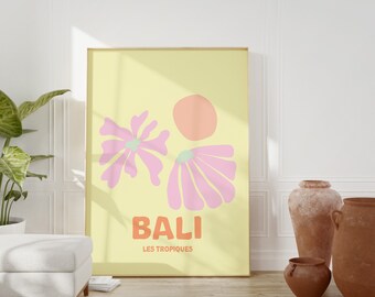 May include: A yellow poster with a pink flower design and the text "BALI LES TROPIQUES".