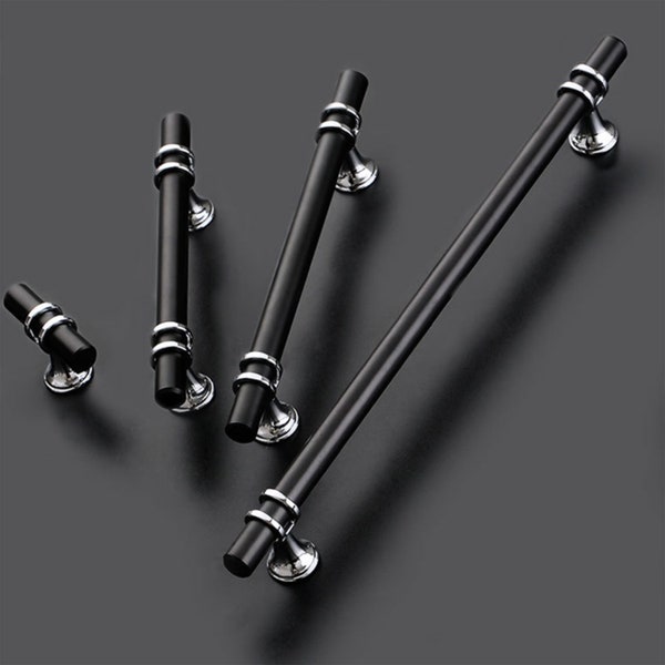 Long Black Chrome Cabinet Pulls /Modern Cabinet Pulls T bar/Black Drawer Pulls Knobs/Black Closet Pull/Cabinet Hardware 10" 11.6" 12.3" W486