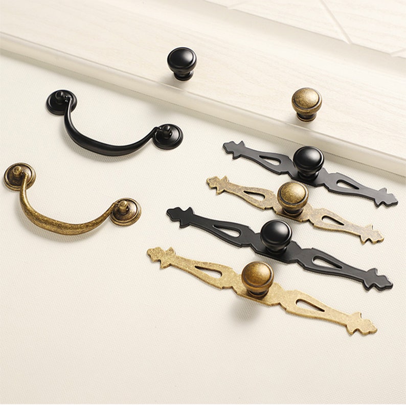 Retro Black Bronze Drop Bail Pull Knob and Plate Cabinet Pulls Vintage Drawer Pulls Drawer Knobs Dresser Pulls Cabinet Hardware W741