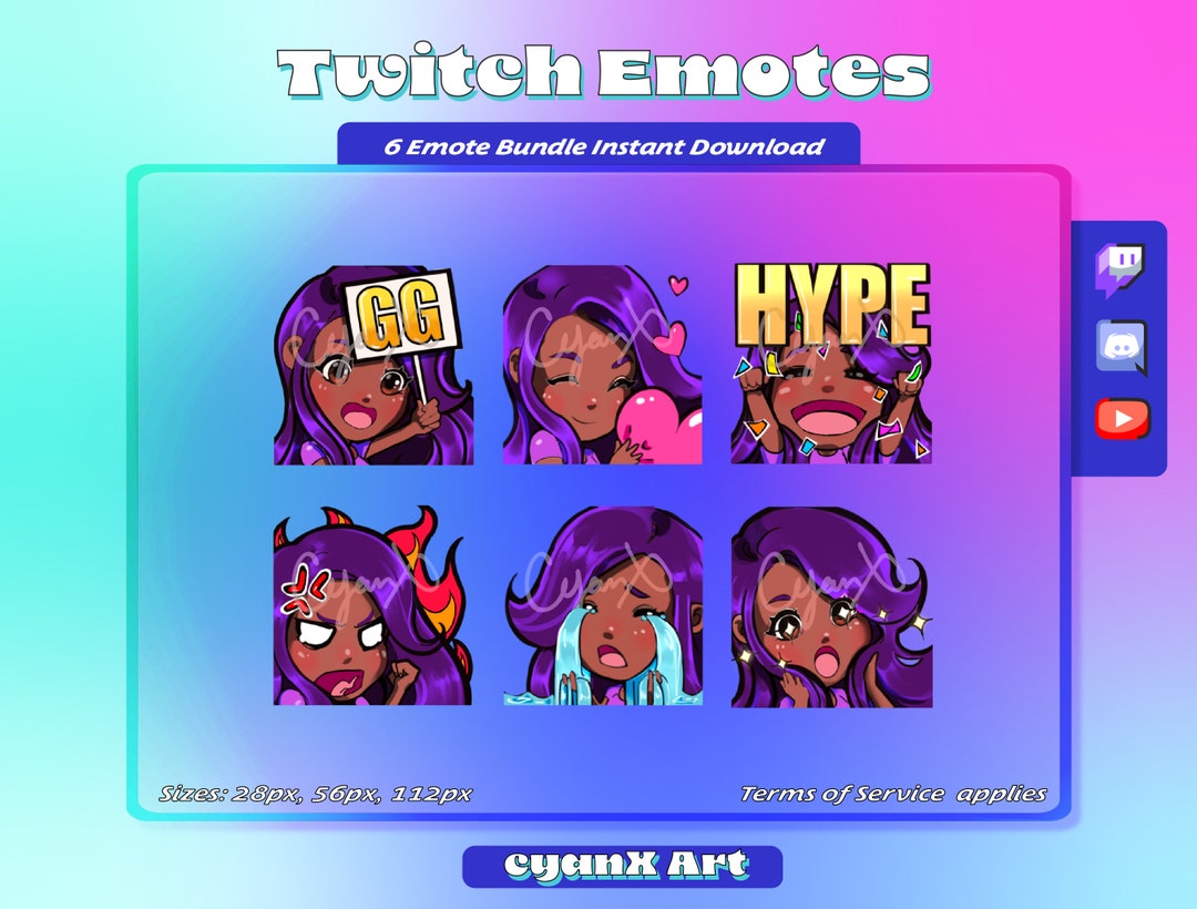 Twitch Emote Pack for Streamers discord Youtube Ready Purple Hair violet/ Dark Skin Etsy