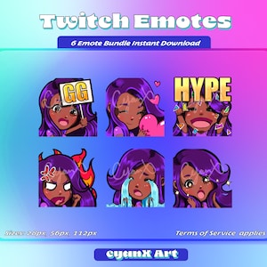 Twitch Emote Pack for Streamers (Discord + Youtube ready) - Purple Hair (Violet)/ Dark skin