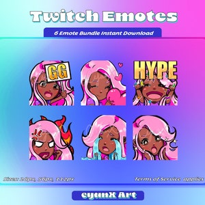 Twitch Emote Pack for Streamers (Discord + Youtube ready) - Light Pink Hair/ Dark skin