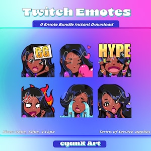 Twitch Emote Pack for Streamers (Discord + Youtube ready) - Black Hair/ Dark skin