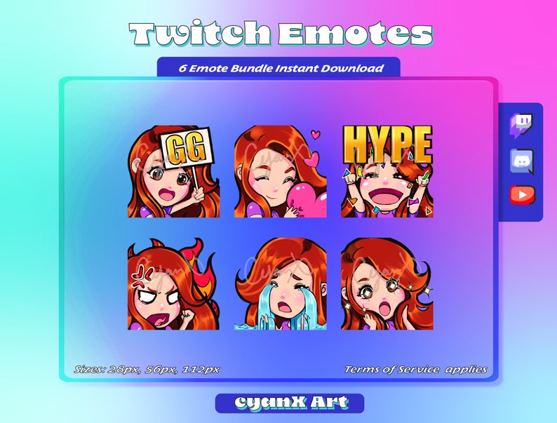 Twitch Emote Pack for Streamers discord Youtube Ready Red Hair/ Light