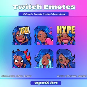 Twitch Emote Pack for Streamers (Discord + Youtube ready) - Blue Hair/ Dark skin