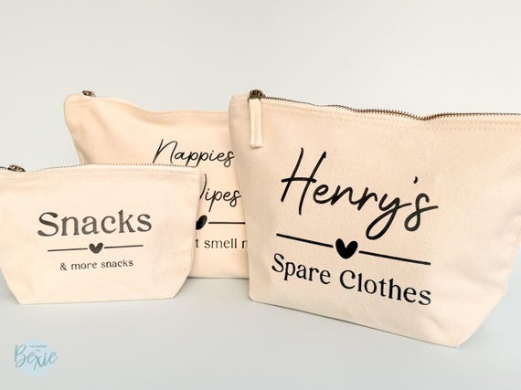 Personalised Baby Bag Pouches, Nursery Organiser, Nappy Bag Pouch Set