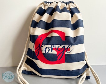 Sac à cordon en toile de coton rayé personnalisé | Kit PE, sac de natation