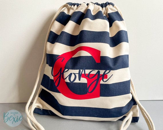 Personalised Striped Cotton Canvas Drawstring Bag | PE Kit, Swimming Bag