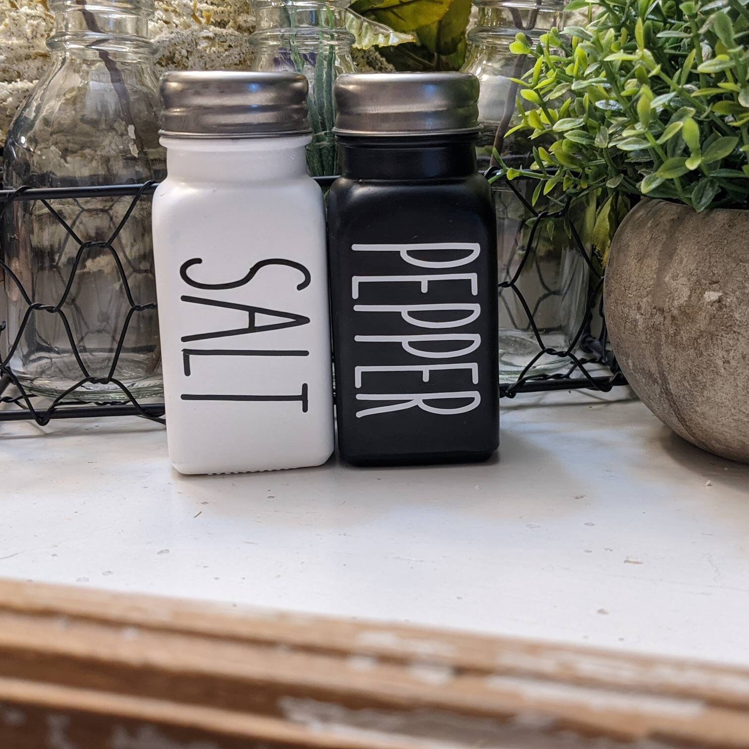 Rae Dunn Inspired Farmhouse Black/White  Glass salt & pepper shakers …