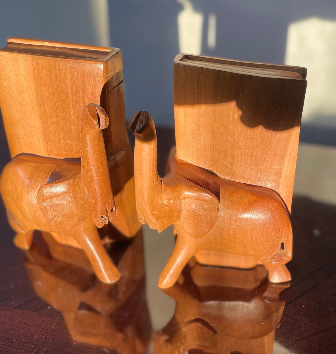 Vintage pair hand carved wooden Elephant Bookends Etsy