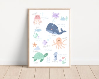 Under the sea print, ocean animals printable wall art, kids learning ocean print, sea creatures poster, educational, school teaching aid