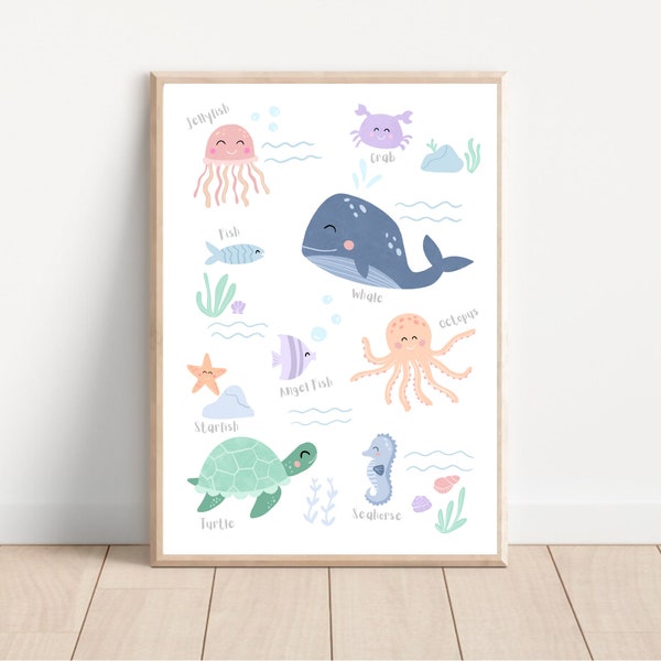 Under the sea print, ocean animals printable wall art, kids learning ocean print, sea creatures poster, educational, school teaching aid