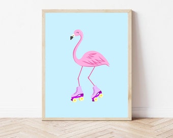 Flamingo on Roller Skates Print, Cool Kids Printables, Instant Digital Download, 8x10 and A4, Girl's Bedroom Wall Art