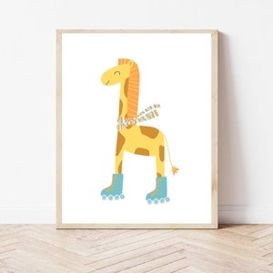 Retro Giraffe on Rollerblades print, giraffe rollerblading, hipster animal, Retro prints for boys room, instant download, A4 & A3