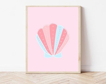 Pastel Pink and Blue Clam Shell art, boho ocean print girls room decor, ocean shell instant download, A4 & A3